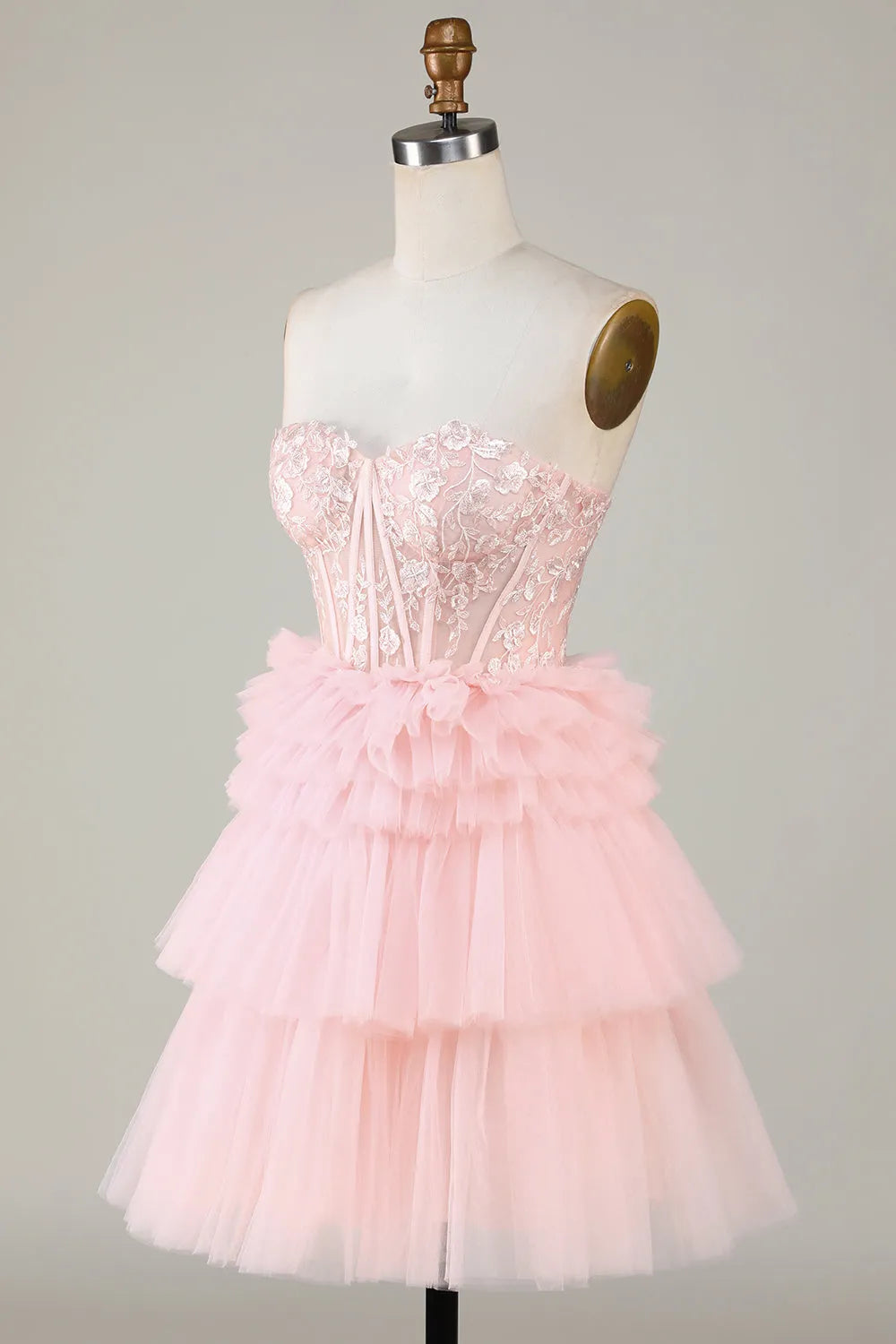 Strapless Lace Corset Homecoming Dress | Glitter Tulle Tiered Ruffle Short Prom Gown