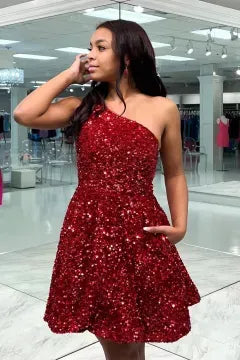 One Shoulder Sequin A-Line Homecoming Dress | High Waist Flared Skirt Mini Cocktail Dress