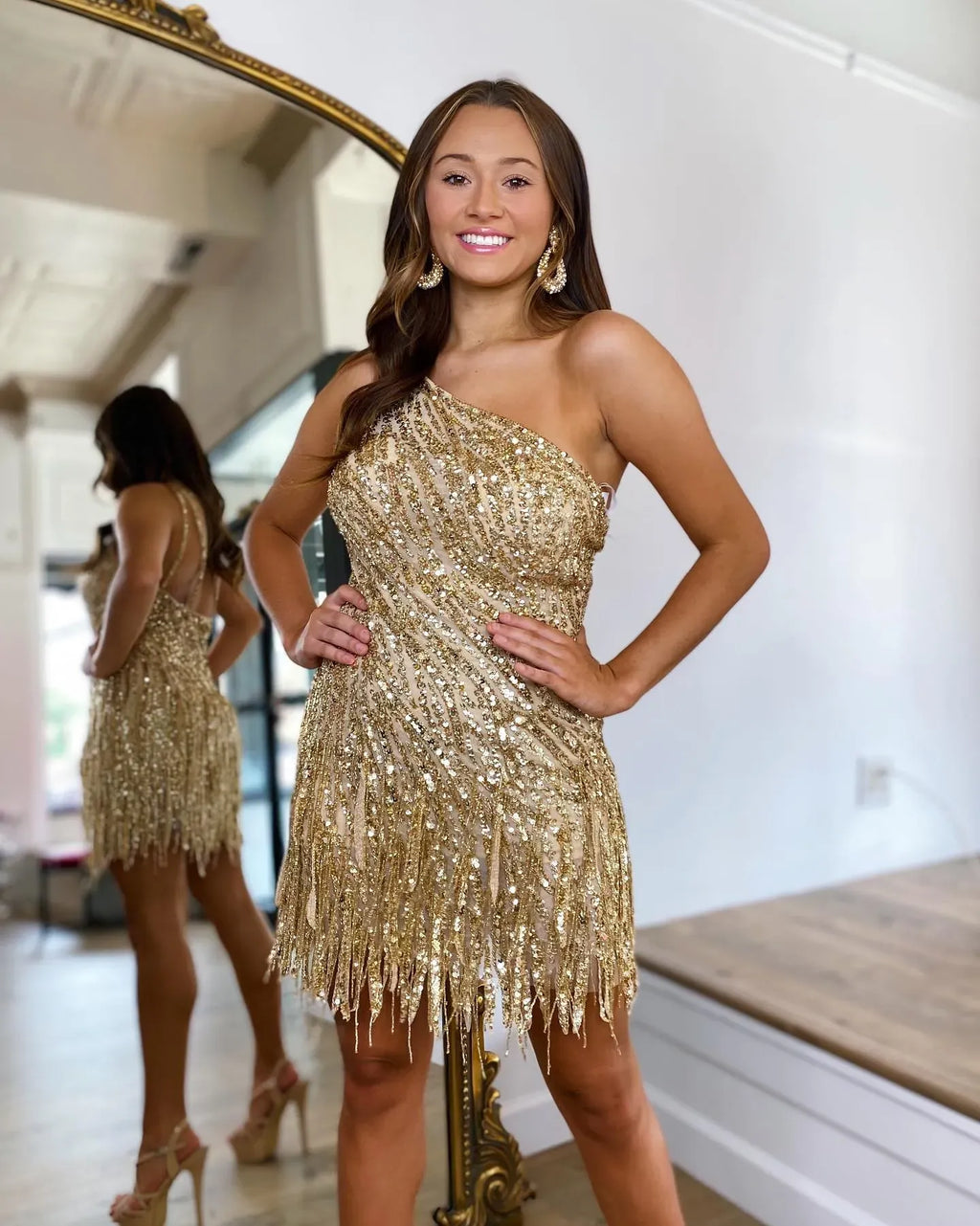 One-Shoulder Sequin Fringe Homecoming Dress | Sparkly Bodycon Short Prom Gown