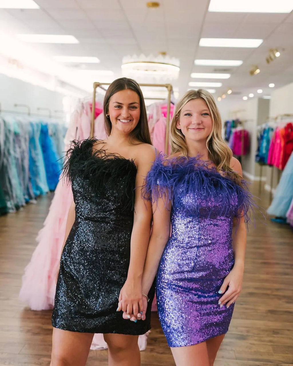One Shoulder Feather Trim Sequin Homecoming Dress | Bodycon Mini Cocktail Dress