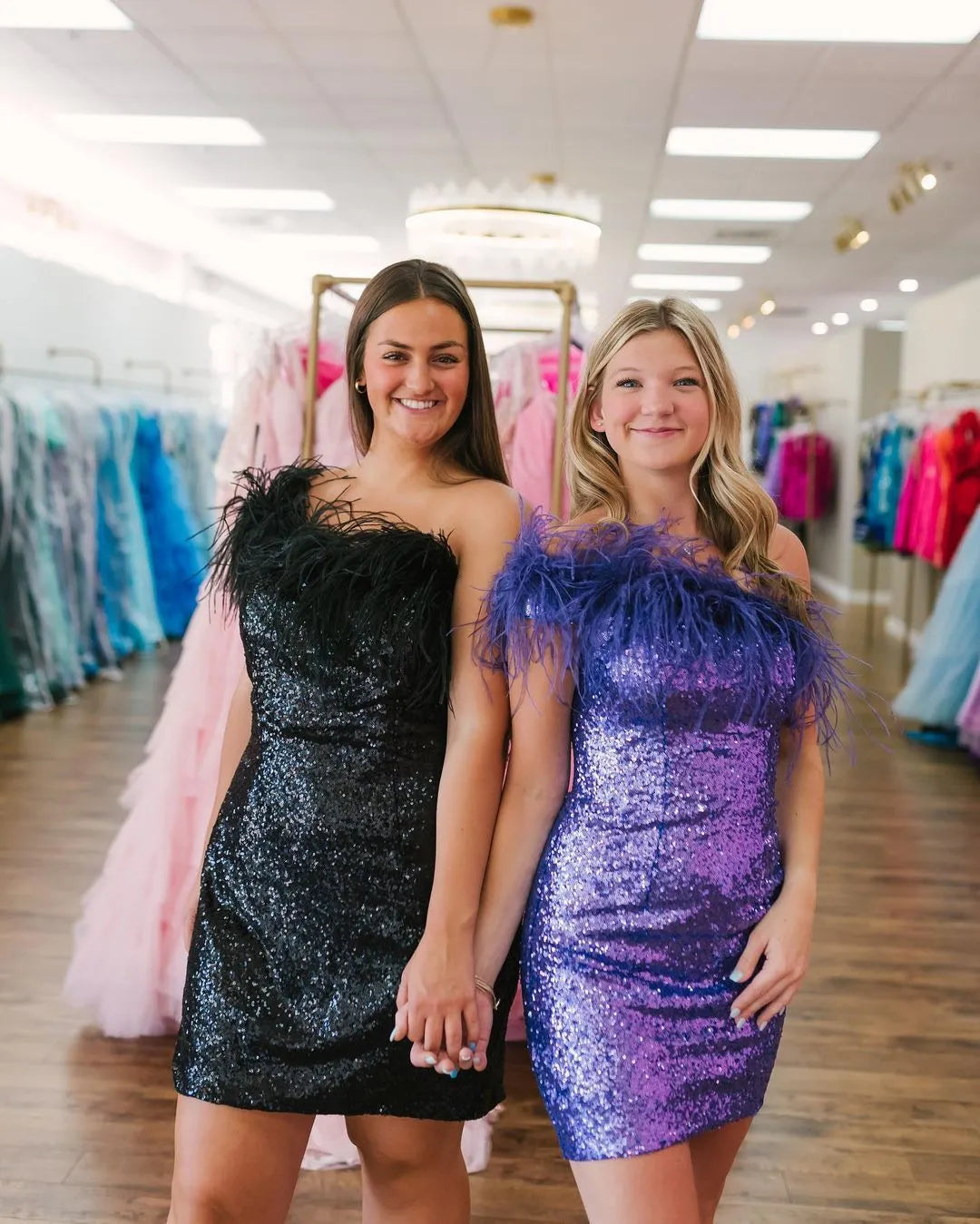 One Shoulder Feather Trim Sequin Homecoming Dress | Bodycon Mini Cocktail Dress