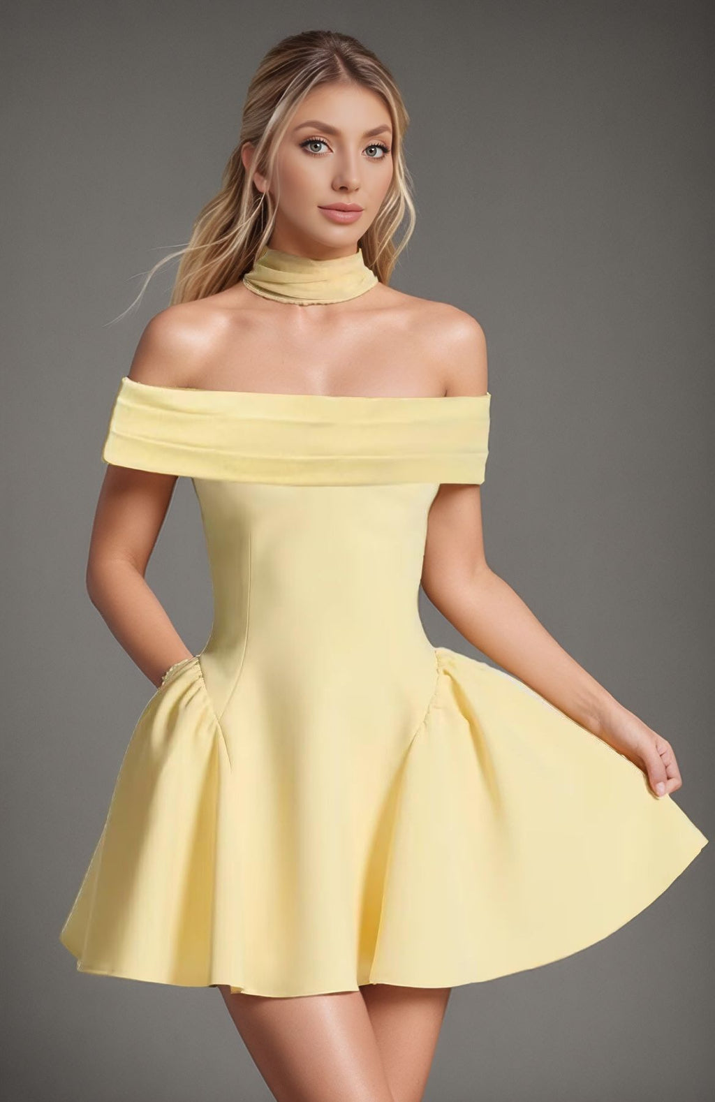 Off-the-Shoulder Homecoming Dress with Choker Scarf | Lace-Up Back Flare Skirt Mini Prom Gown