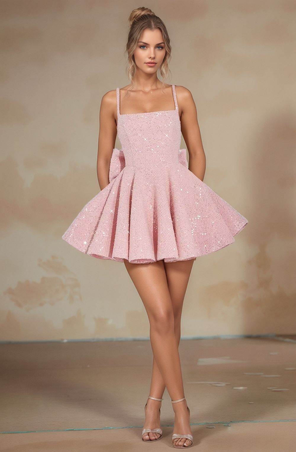 Square Neck Sequin Homecoming Dress | A-Line Mini Skirt with Back Bow Detail