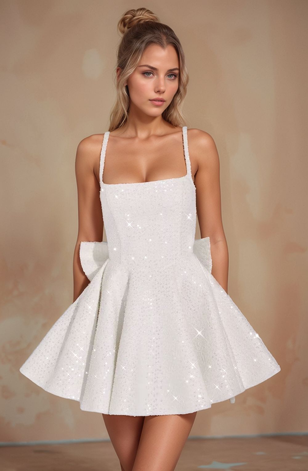 Square Neck Sequin Homecoming Dress | A-Line Mini Skirt with Back Bow Detail