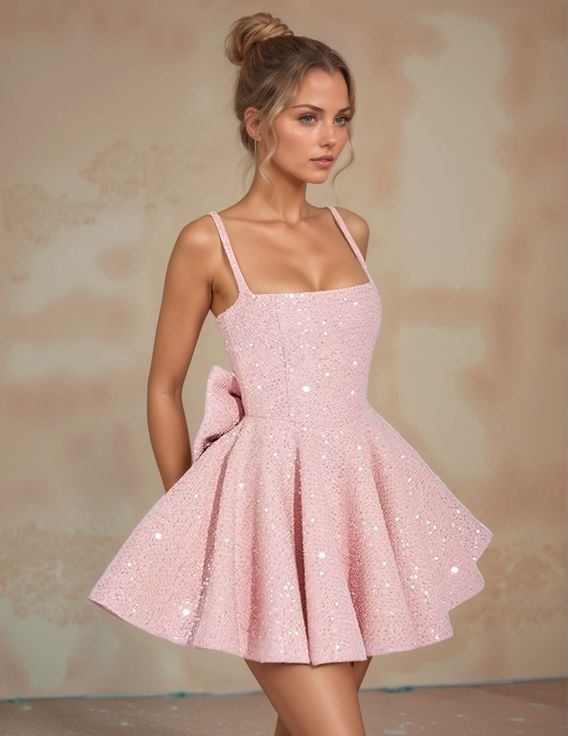 Square Neck Sequin Homecoming Dress | A-Line Mini Skirt with Back Bow Detail