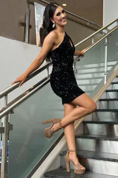 One Shoulder Cutout Sequin Homecoming Dress | Crisscross Open Back Bodycon Mini Dress