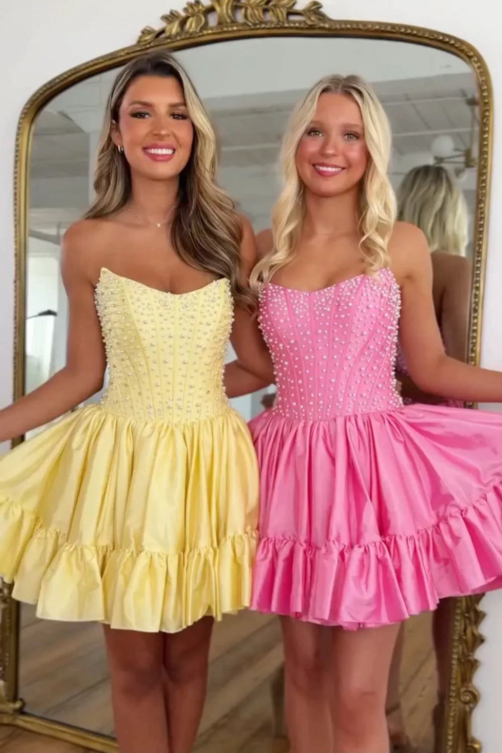 Strapless Pearl Embellished Corset Homecoming Dress | Ruffled Hem A-Line Mini Party Gown