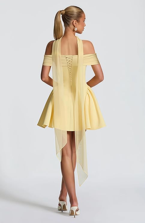 Off-the-Shoulder Homecoming Dress with Choker Scarf | Lace-Up Back Flare Skirt Mini Prom Gown