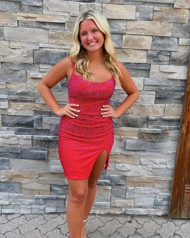 Spaghetti Strap Homecoming Dress | Lace-Up Open Back Slit Bodycon Mini Cocktail Dress