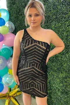 One Shoulder Chevron Sequin Homecoming Dress | Open Back Mesh Cutout Bodycon Mini Cocktail Dress
