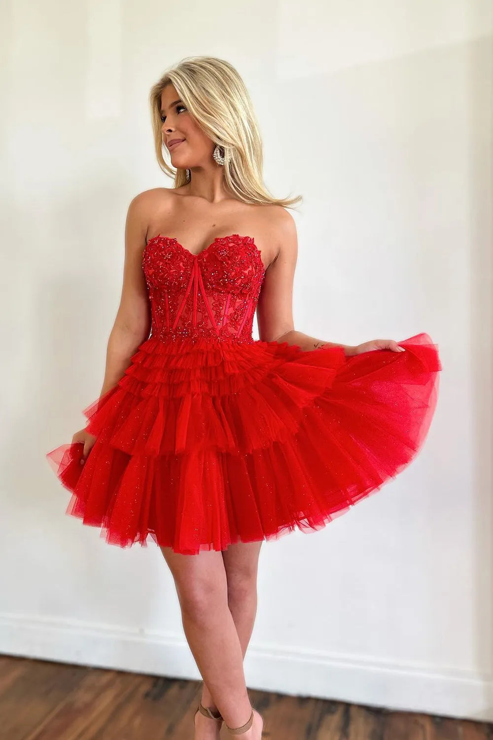 Strapless Lace Corset Homecoming Dress | Glitter Tulle Tiered Ruffle Short Prom Gown