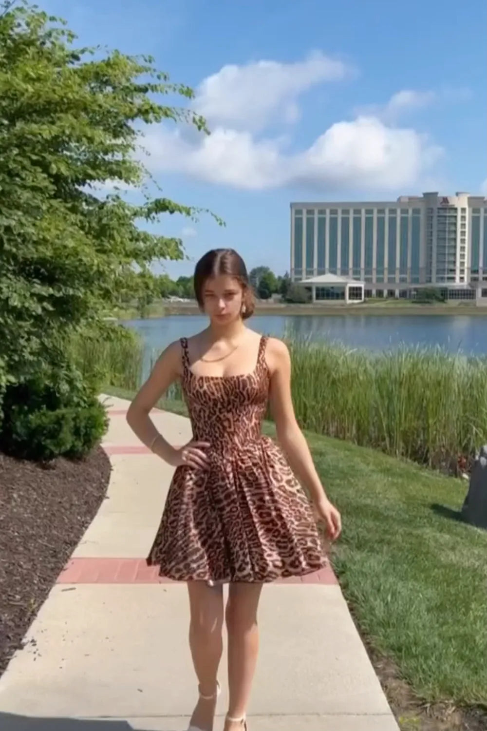Leopard Print Corset Homecoming Dress | Square Neck Flared Mini Party Gown