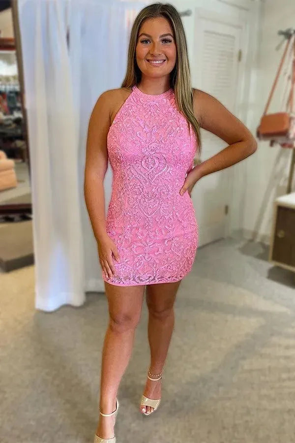 High Neck 3D Lace Fringe Back Homecoming Dress | Bodycon Mini Short Cocktail Dress