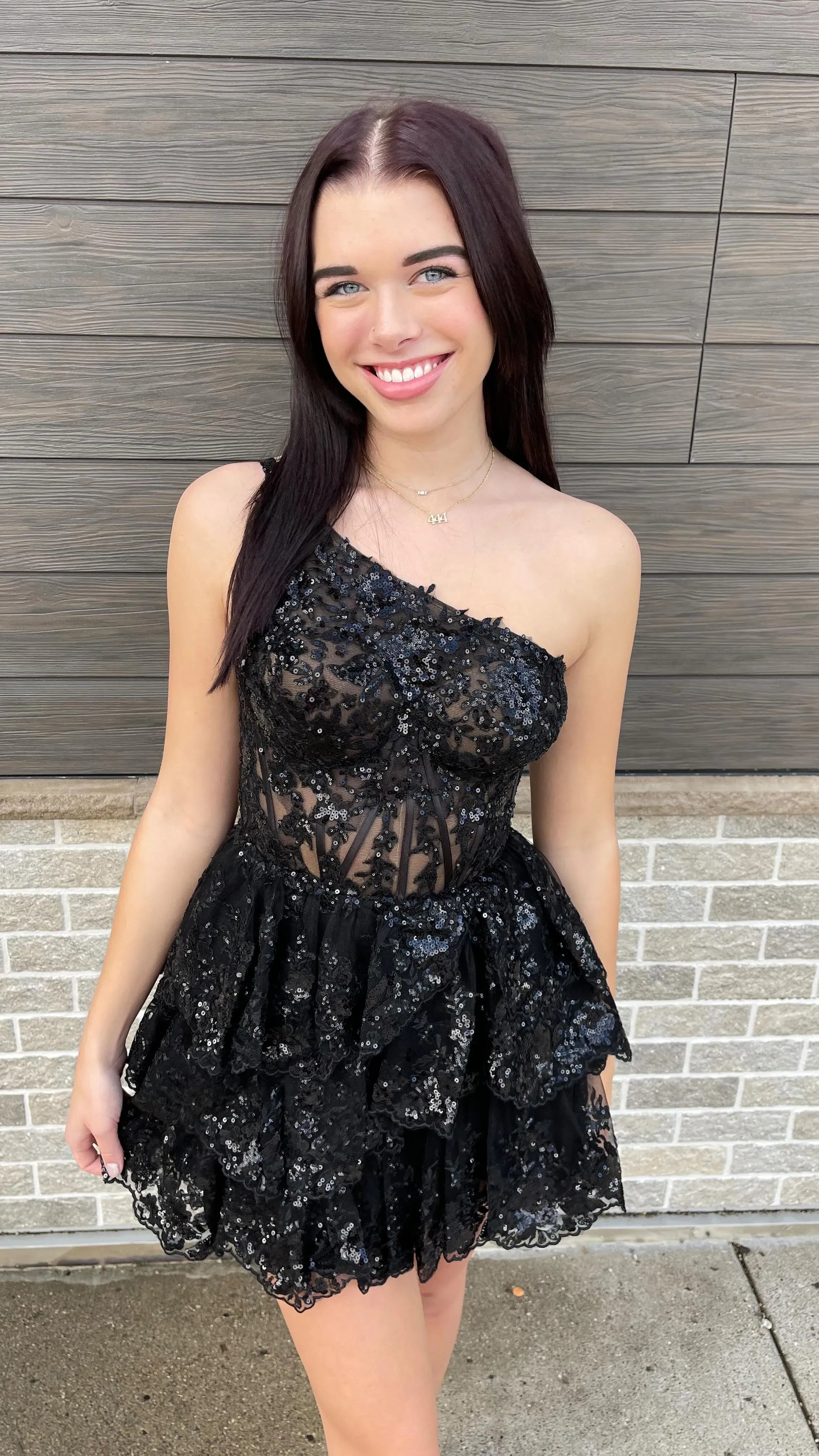 One Shoulder Sequin Lace Corset Homecoming Dress | Tiered Ruffle Mini A-Line Cocktail Dress