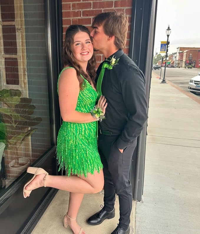 Sparkly Beaded Fringe Homecoming Dress | V-Neck Spaghetti Strap Short Prom Gown
