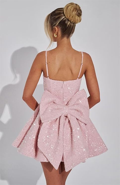 Square Neck Sequin Homecoming Dress | A-Line Mini Skirt with Back Bow Detail