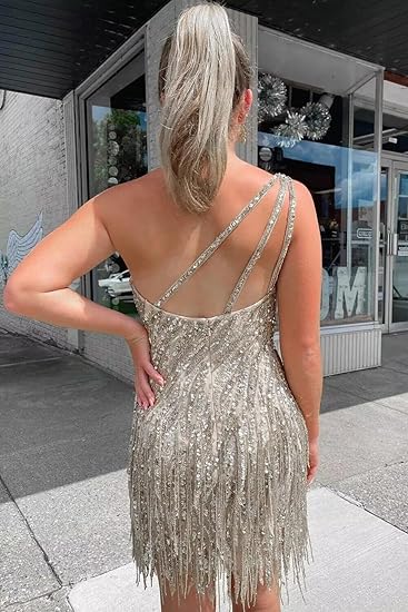 One-Shoulder Sequin Fringe Homecoming Dress | Sparkly Bodycon Short Prom Gown