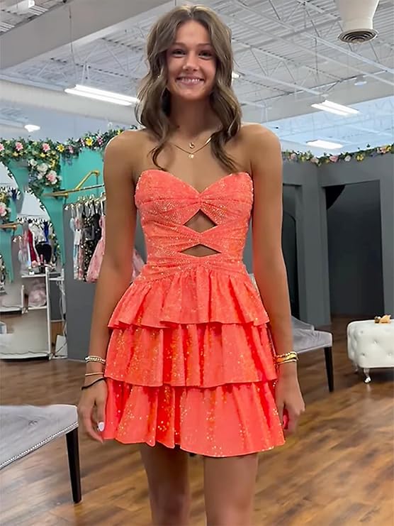 Sparkly Strapless Cutout Tiered Homecoming Dress | Ruffle Skirt Short Prom Gown