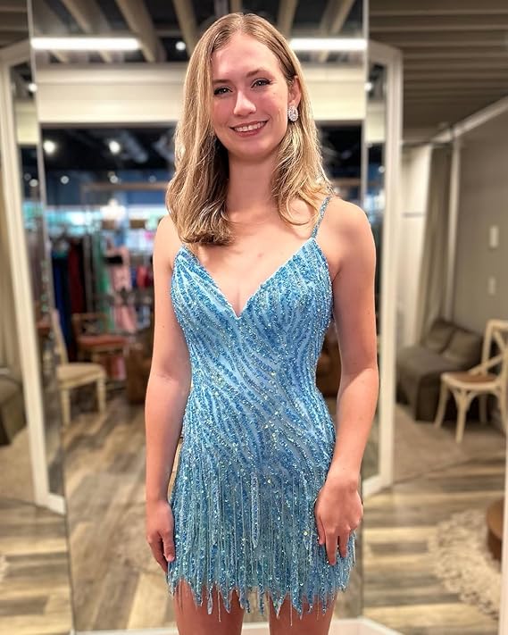 Sparkly Beaded Fringe Homecoming Dress | V-Neck Spaghetti Strap Short Prom Gown