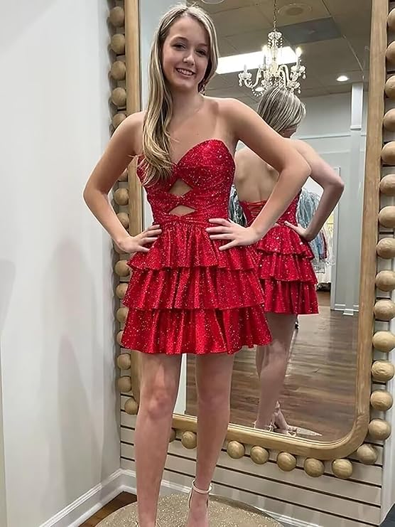 Sparkly Strapless Cutout Tiered Homecoming Dress | Ruffle Skirt Short Prom Gown