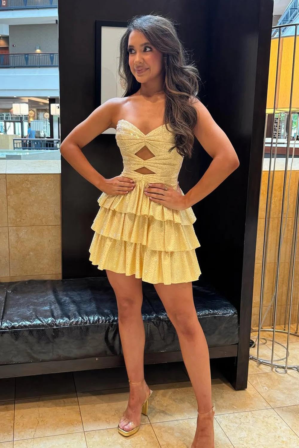 Sparkly Strapless Cutout Tiered Homecoming Dress | Ruffle Skirt Short Prom Gown