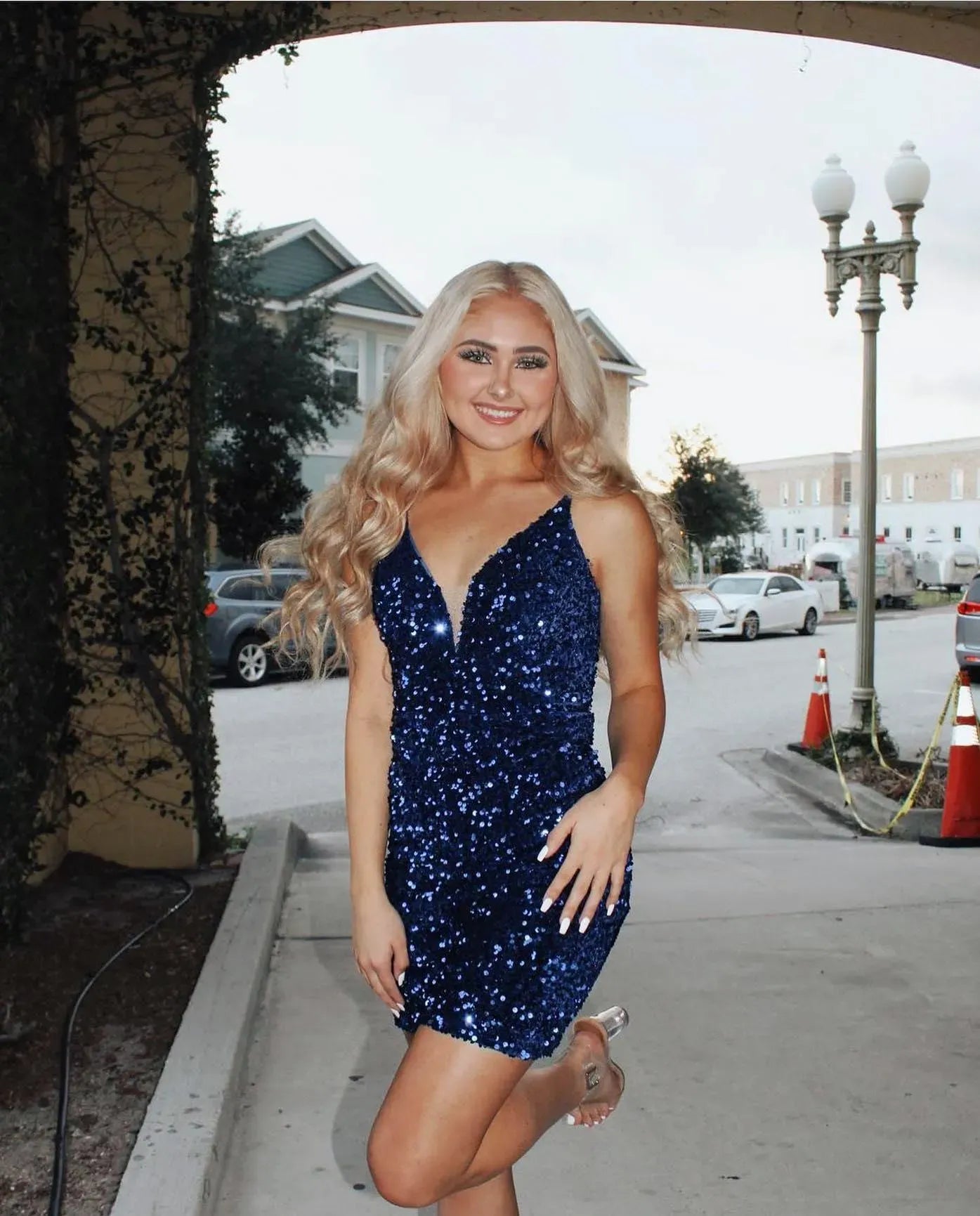 Spaghetti Strap Deep V Sequin Homecoming Dress | Crisscross Lace-Up Back Bodycon Mini Dress