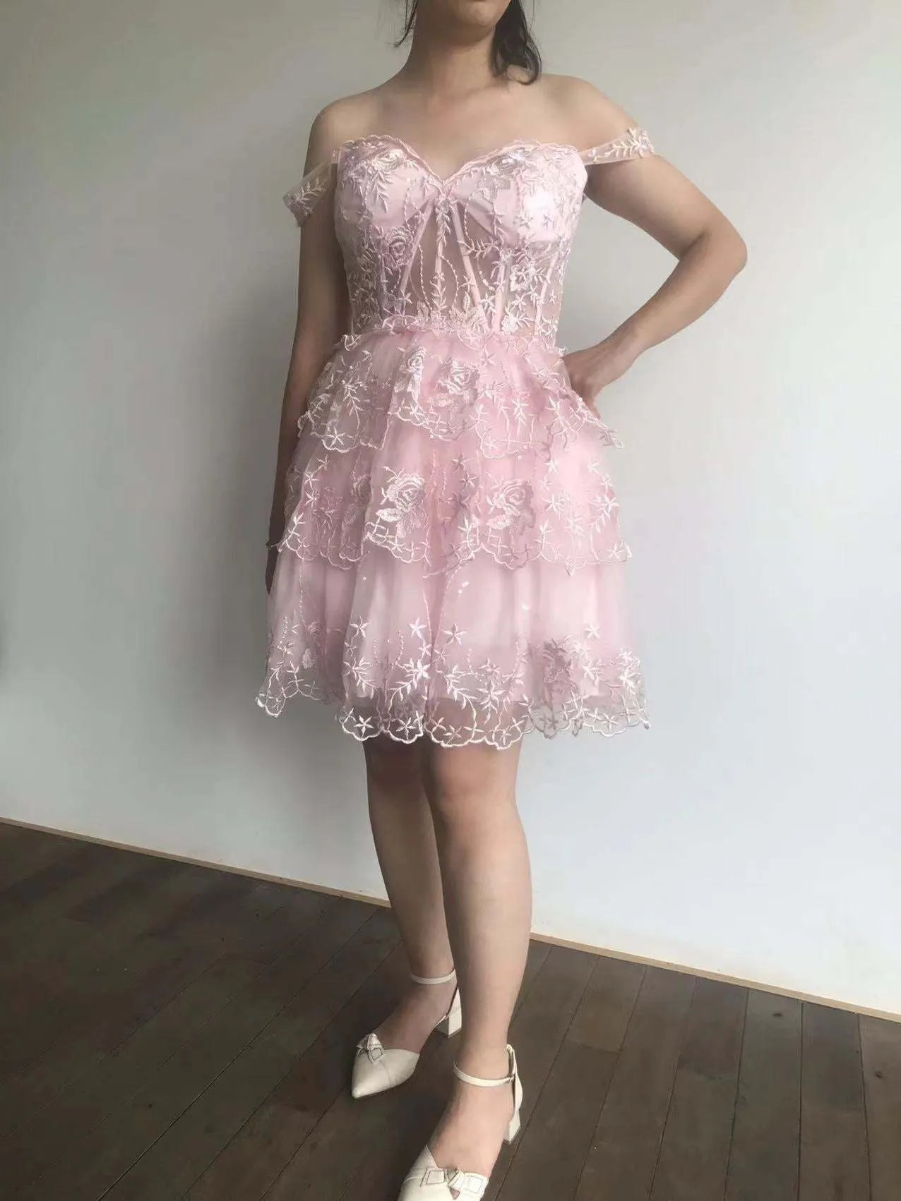 Off Shoulder Floral Lace Corset Homecoming Dress | Tiered Ruffle Mini Tulle Cocktail Dress