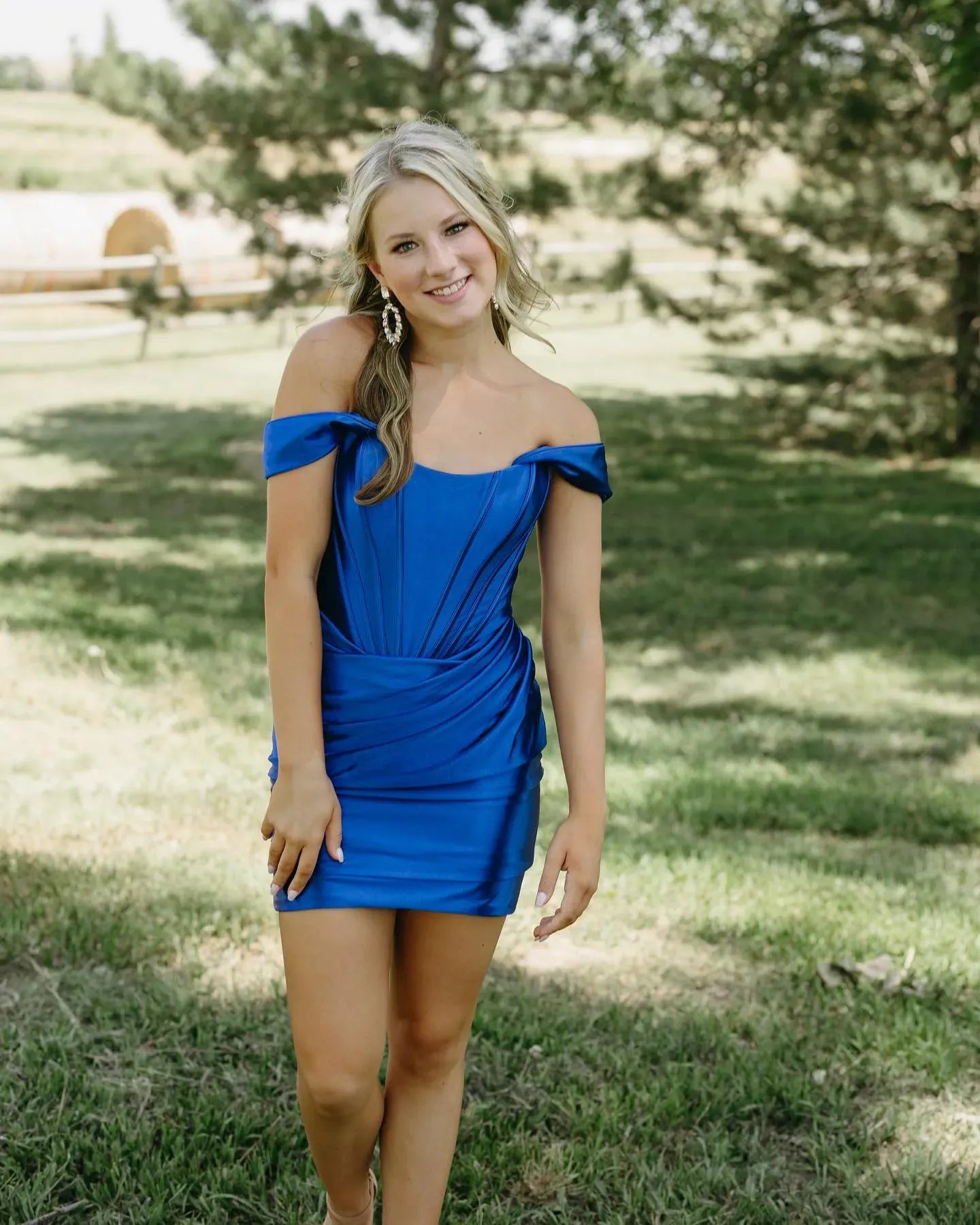 Off-the-Shoulder Satin Corset Homecoming Dress | Ruched Bodycon Short Prom Gown