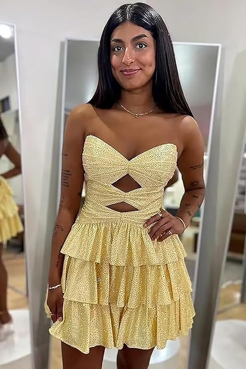 Sparkly Strapless Cutout Tiered Homecoming Dress | Ruffle Skirt Short Prom Gown