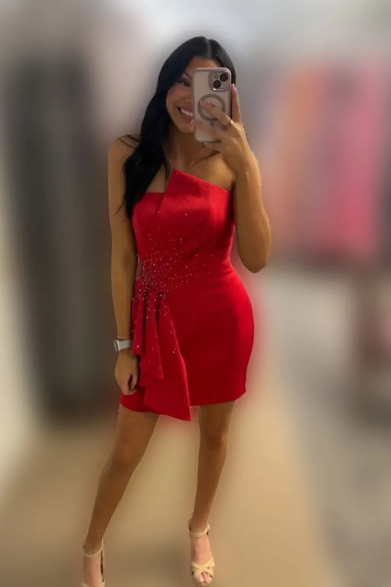 Strapless Asymmetric Neckline Homecoming Dress | Rhinestone Ruffle Detail Short Prom Gown