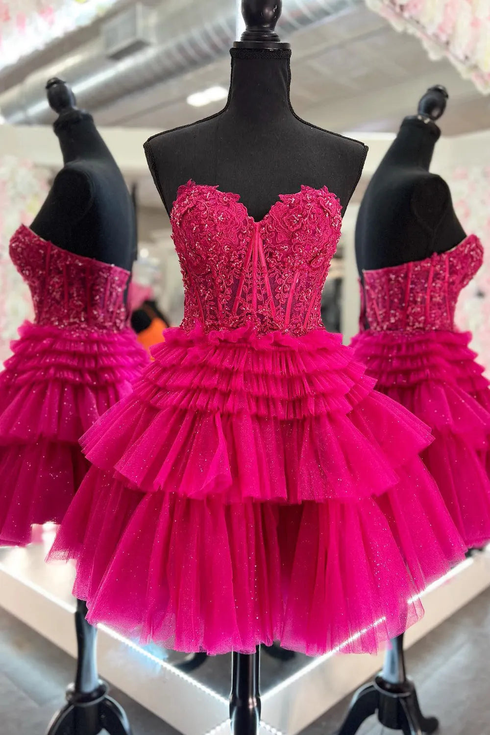 Strapless Lace Corset Homecoming Dress | Glitter Tulle Tiered Ruffle Short Prom Gown