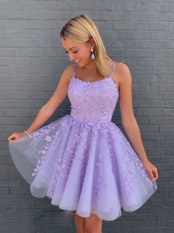 Spaghetti Strap Lace Homecoming Dress | Lace-Up Back A-Line Tulle Mini Prom Gown