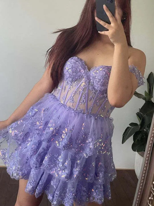 Off Shoulder Floral Lace Corset Homecoming Dress | Tiered Ruffle Mini Tulle Cocktail Dress