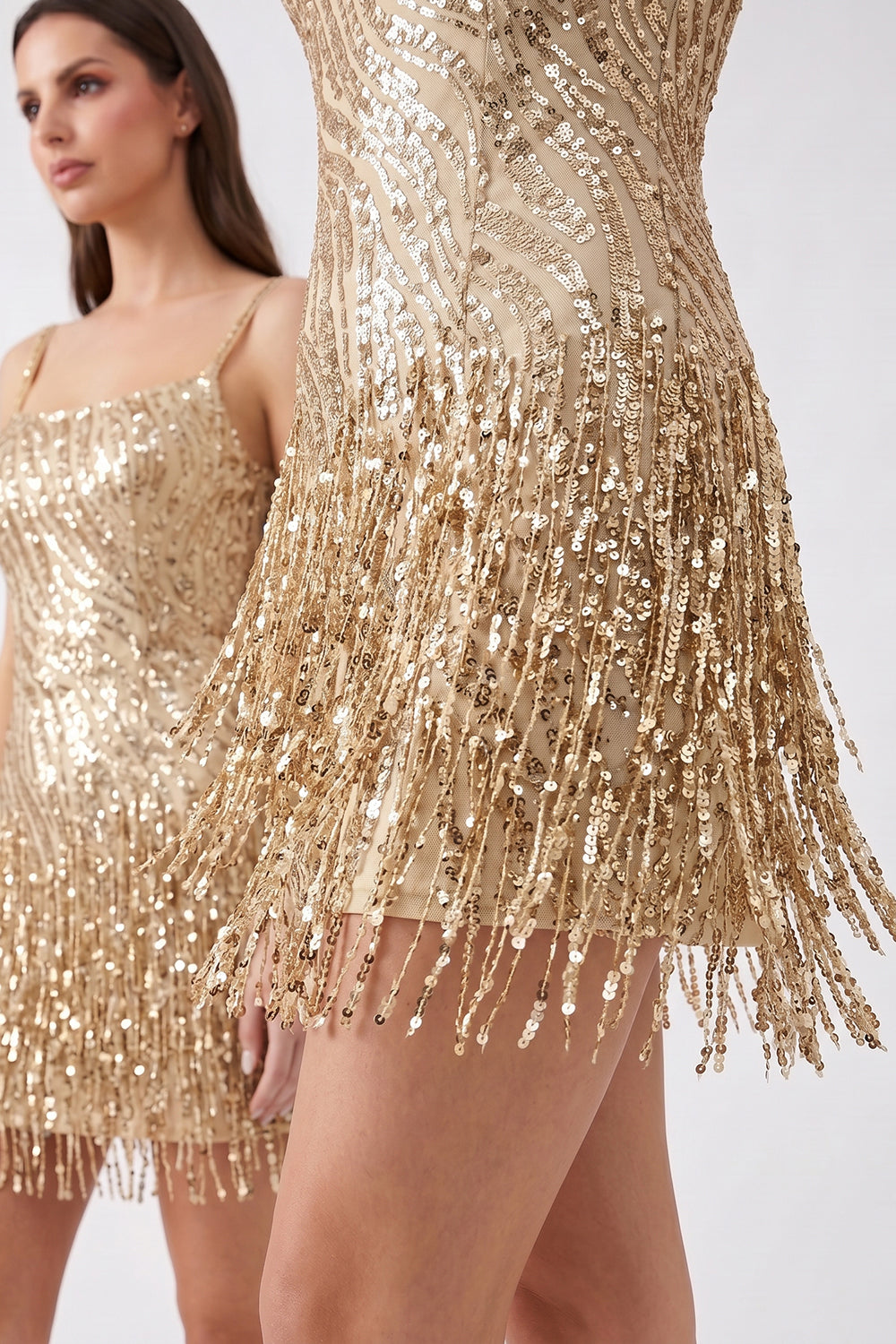 Sequin Fringe Homecoming Dress | Spaghetti Strap Lace-Up Back Short Prom Gown