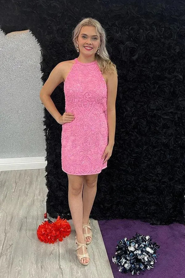 High Neck 3D Lace Fringe Back Homecoming Dress | Bodycon Mini Short Cocktail Dress
