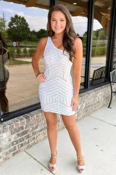 One Shoulder Chevron Sequin Homecoming Dress | Open Back Mesh Cutout Bodycon Mini Cocktail Dress