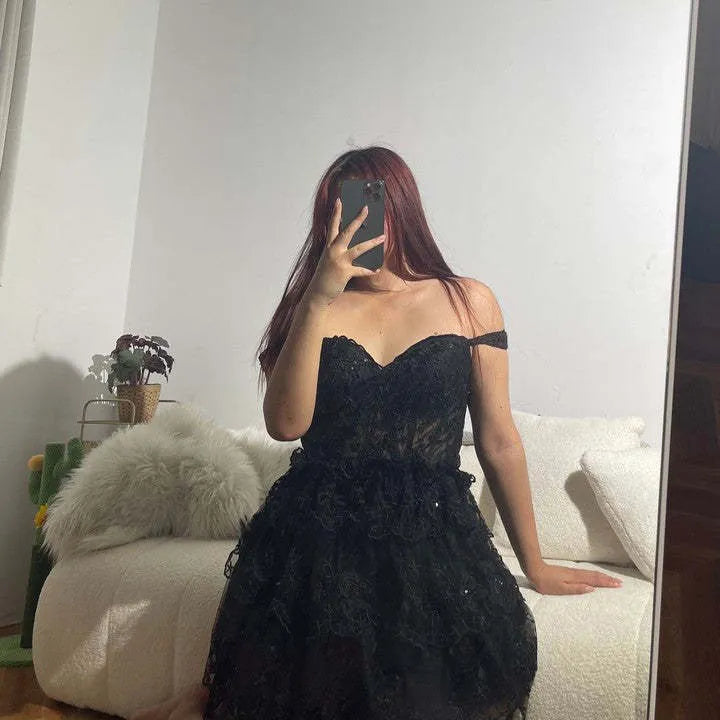 Off Shoulder Floral Lace Corset Homecoming Dress | Tiered Ruffle Mini Tulle Cocktail Dress