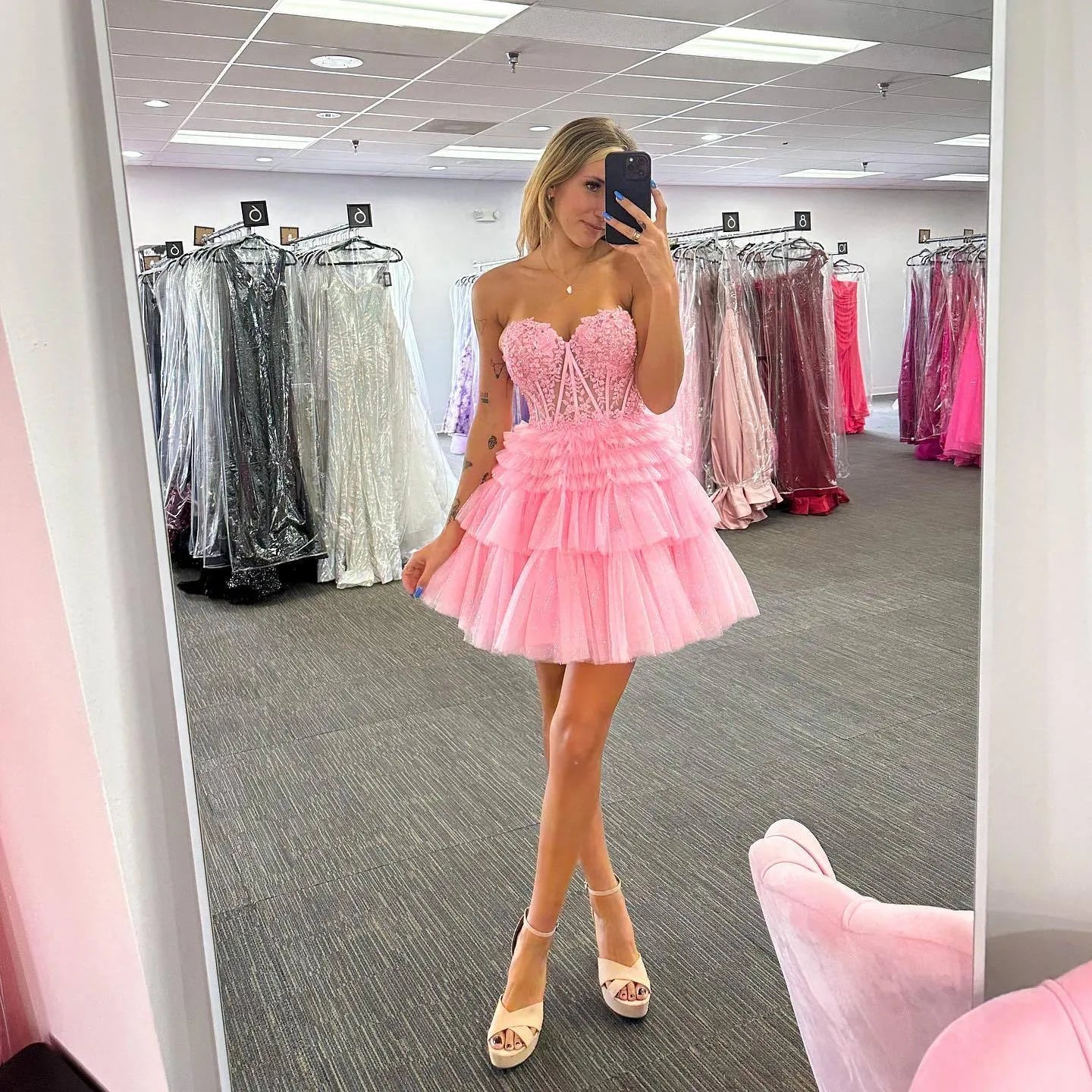 Strapless Lace Corset Homecoming Dress | Glitter Tulle Tiered Ruffle Short Prom Gown