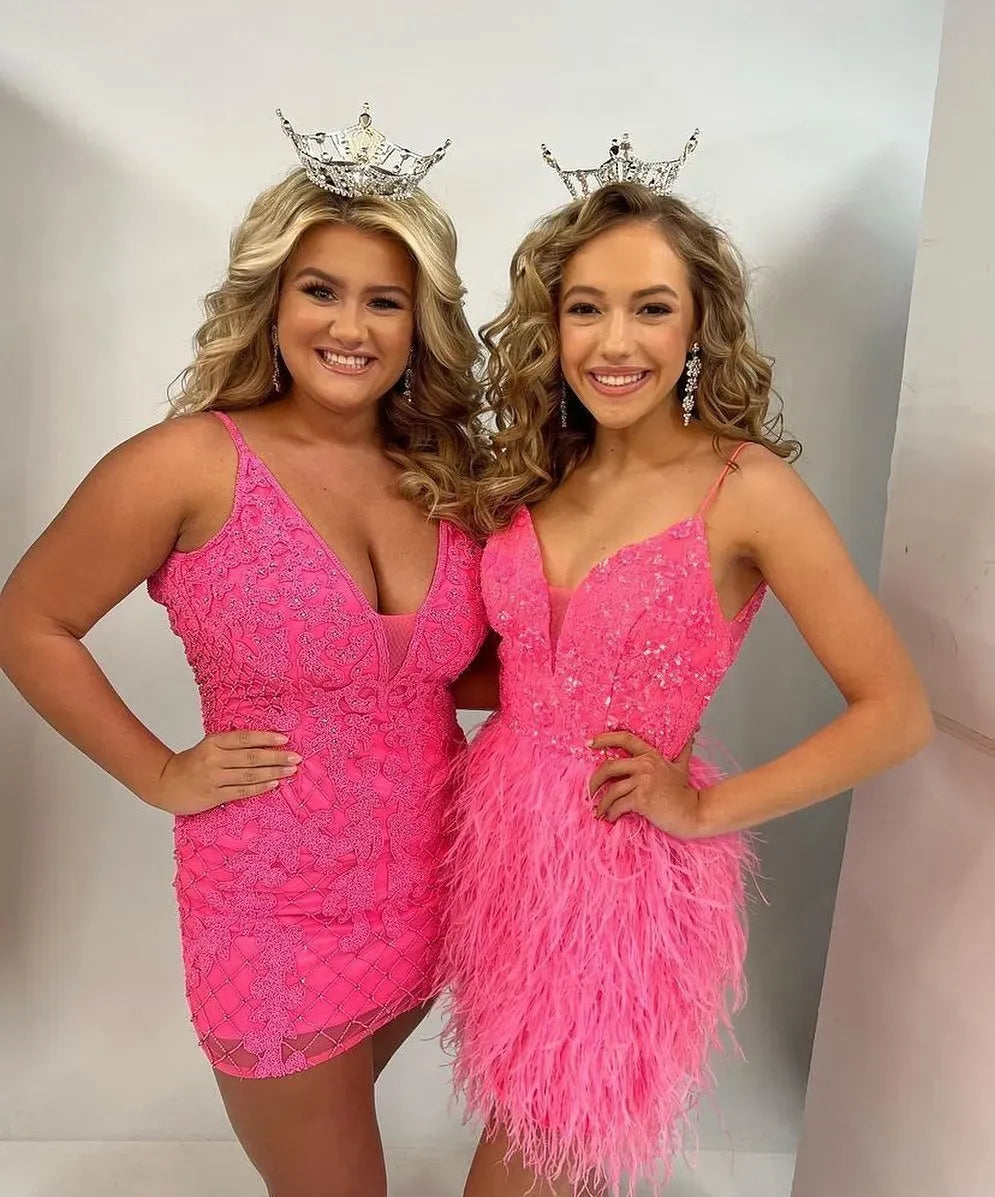 Spaghetti Strap V Neck Sequin Feather Homecoming Dress | Open Back Bodycon Mini Cocktail Dress