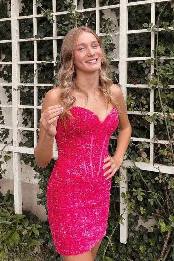 Strapless Sweetheart Corset Sequin Homecoming Dress | Bodycon Mini Party Dress