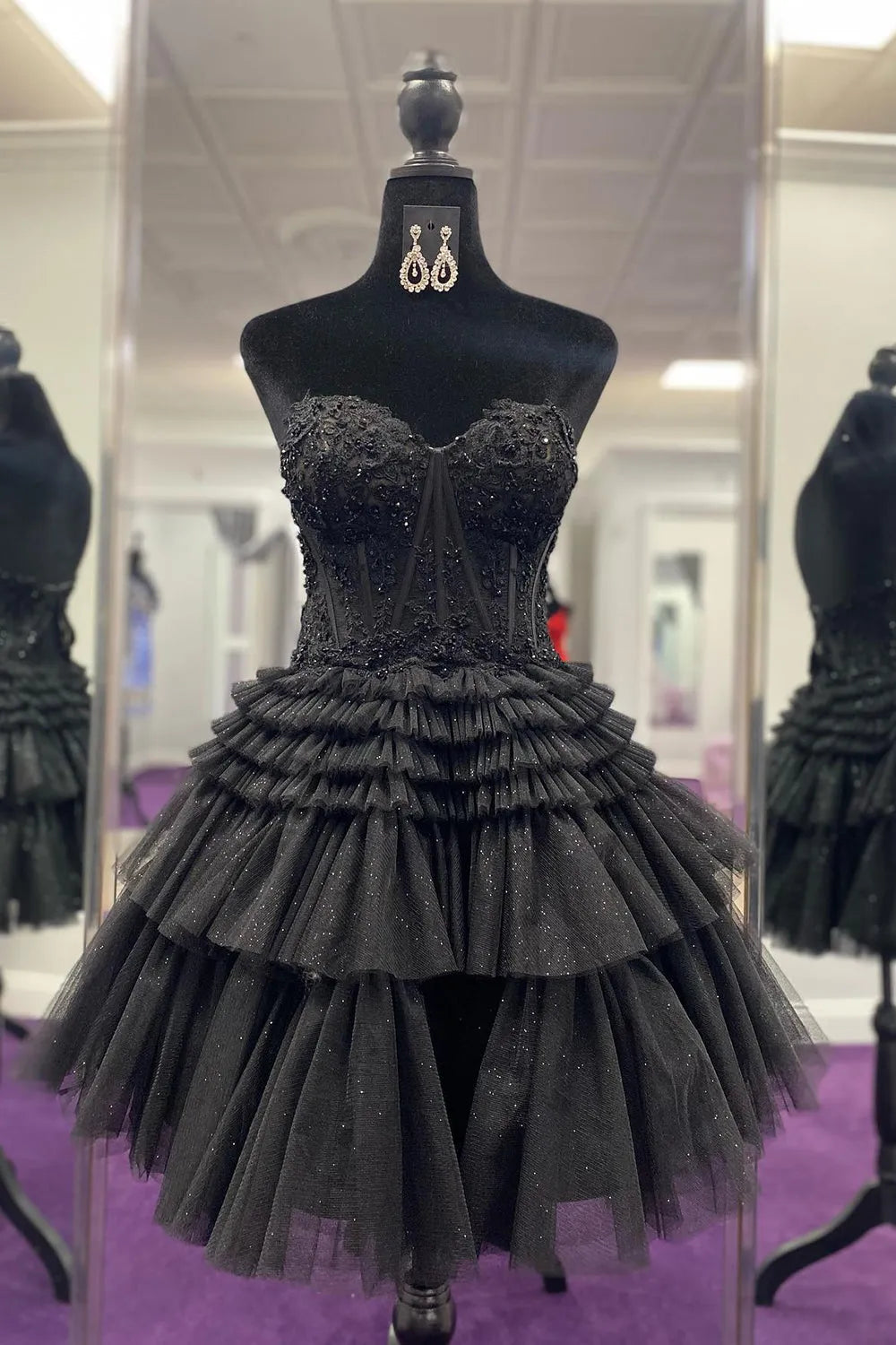 Strapless Lace Corset Homecoming Dress | Glitter Tulle Tiered Ruffle Short Prom Gown