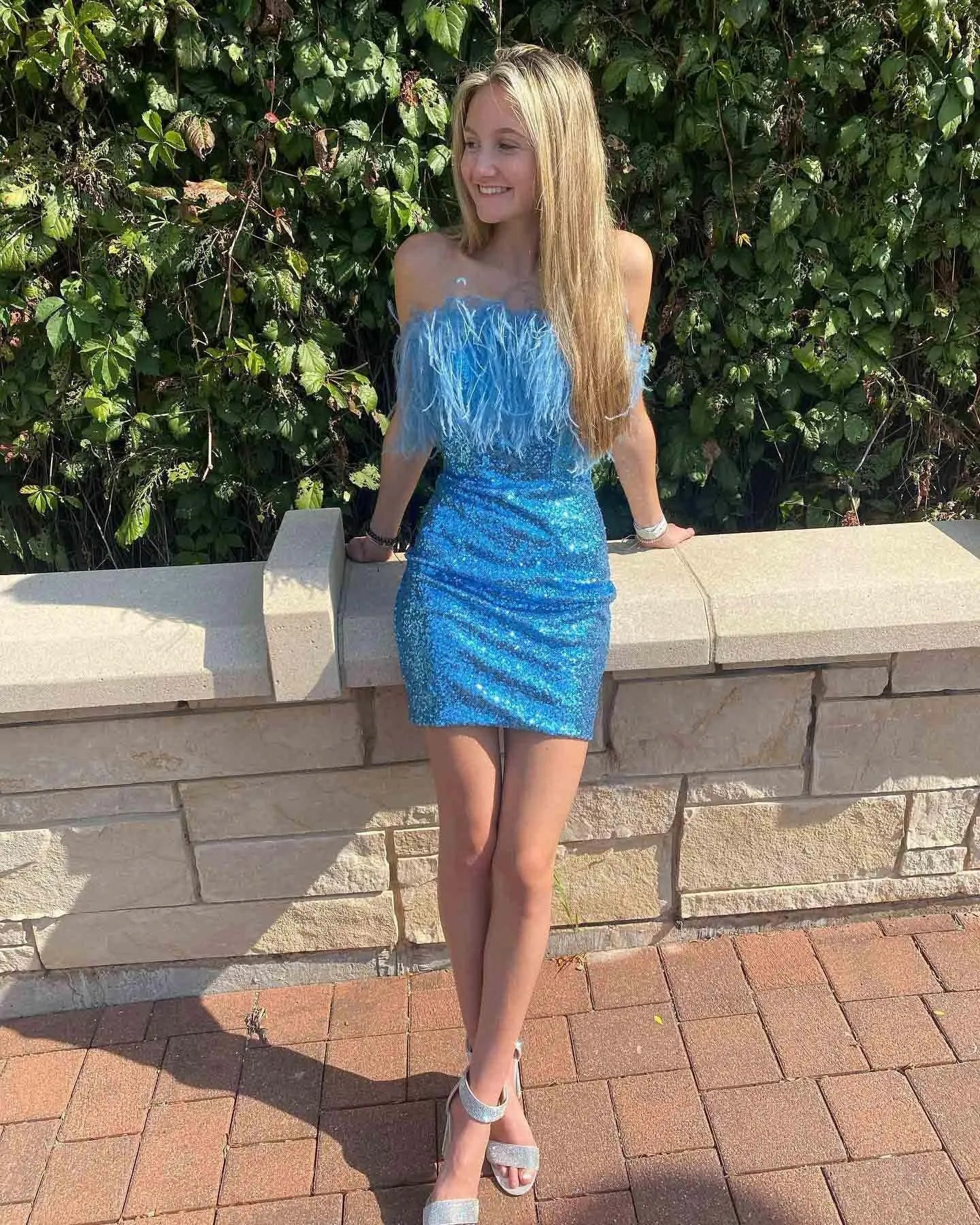 One Shoulder Feather Trim Sequin Homecoming Dress | Bodycon Mini Cocktail Dress