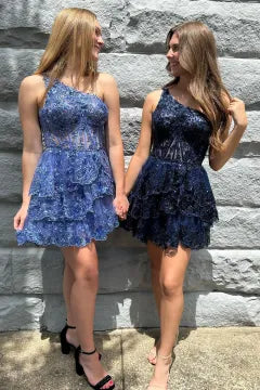 One Shoulder Sequin Lace Corset Homecoming Dress | Tiered Ruffle Mini A-Line Cocktail Dress