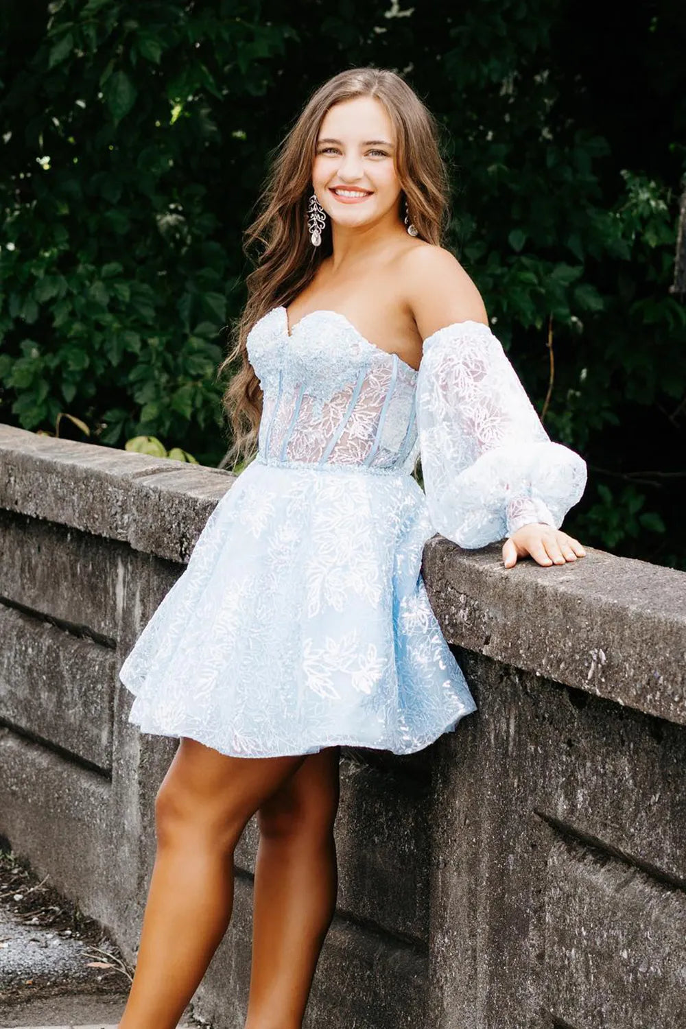 Off Shoulder Puff Sleeve Lace Corset Homecoming Dress | A-Line Skirt Mini Cocktail Dress