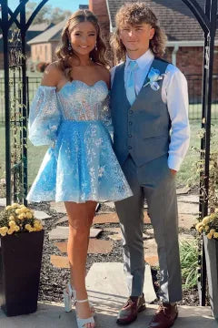 Off Shoulder Puff Sleeve Lace Corset Homecoming Dress | A-Line Skirt Mini Cocktail Dress