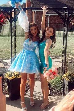 Off Shoulder Puff Sleeve Lace Corset Homecoming Dress | A-Line Skirt Mini Cocktail Dress