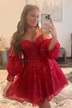 Off Shoulder Puff Sleeve Lace Corset Homecoming Dress | A-Line Skirt Mini Cocktail Dress