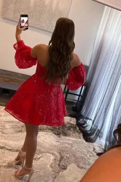 Off Shoulder Puff Sleeve Lace Corset Homecoming Dress | A-Line Skirt Mini Cocktail Dress
