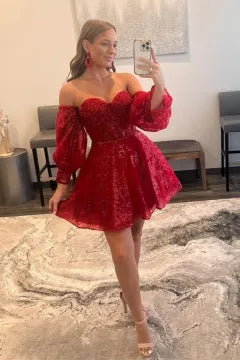 Off Shoulder Puff Sleeve Lace Corset Homecoming Dress | A-Line Skirt Mini Cocktail Dress
