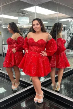 Off Shoulder Puff Sleeve Lace Corset Homecoming Dress | A-Line Skirt Mini Cocktail Dress